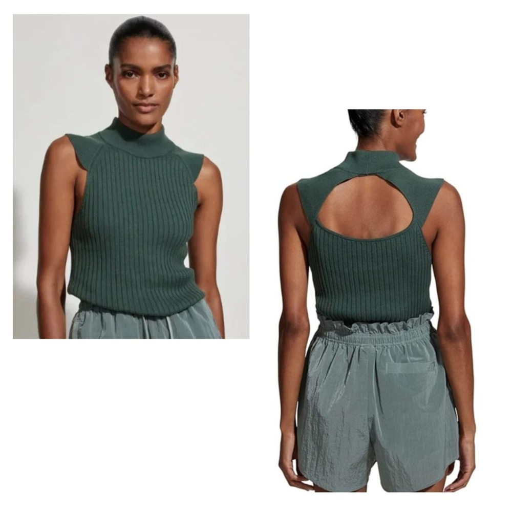 VARLEY Fowler Ribbed Fitted Knit Tank Mock Neck Cutout Back Top Forest Green S